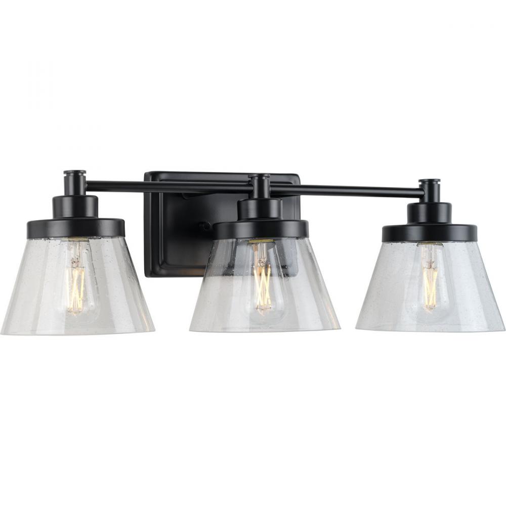 Hinton Collection Three-Light Matte Black Clear Seeded Glass Farmhouse Bath Vanity Light