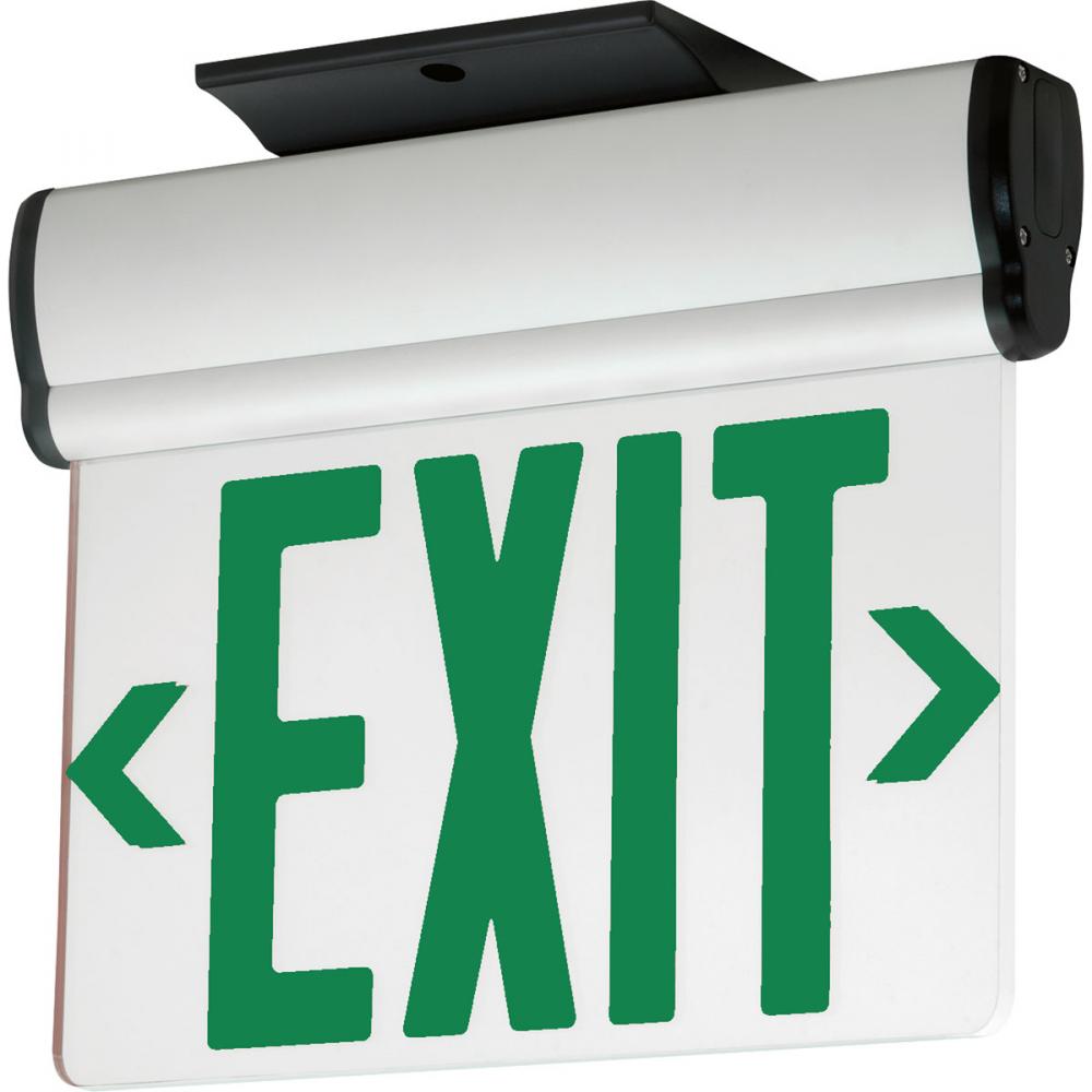 LED exit sign with green letters.