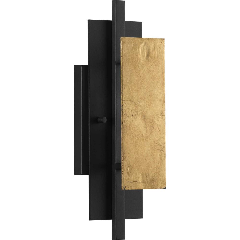 Lowery Collection One-Light Textured Black Industrial Luxe Wall Sconce with Distressed Gold Leaf Acc