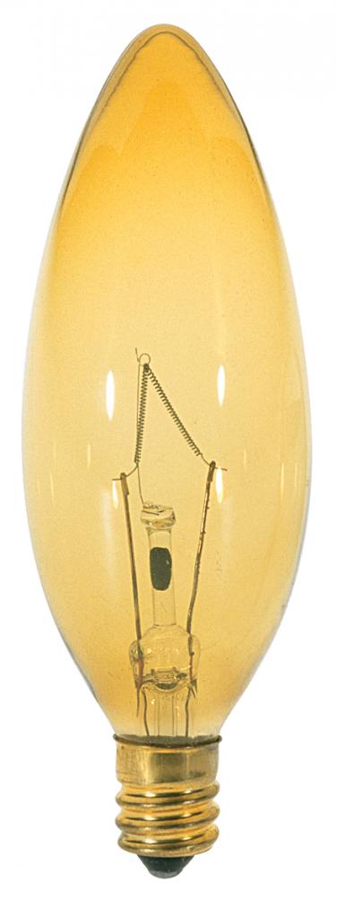 25 Watt BA9 1/2 Incandescent; Transparent Amber; 1500 Average rated hours; Candelabra base; 120 Volt