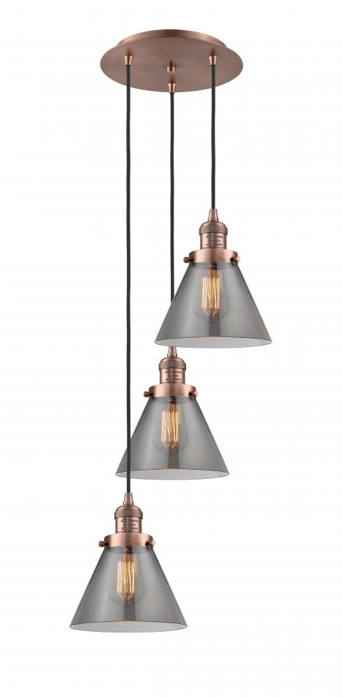 Cone - 3 Light - 14 inch - Antique Copper - Cord hung - Multi Pendant