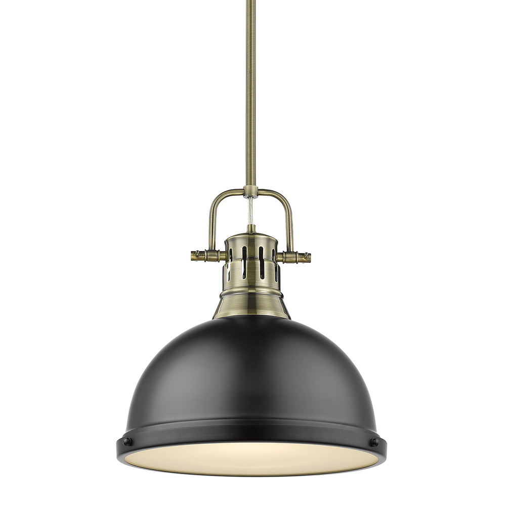 Duncan 1 Light Pendant with Rod inÂ Aged BrassÂ with a Matte Black Shade