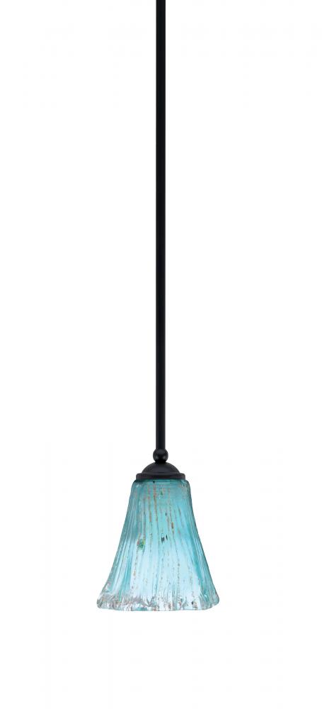 Zilo Stem Mini Pendant, Matte Black Finish, 5.5" Fluted Teal Crystal Glass