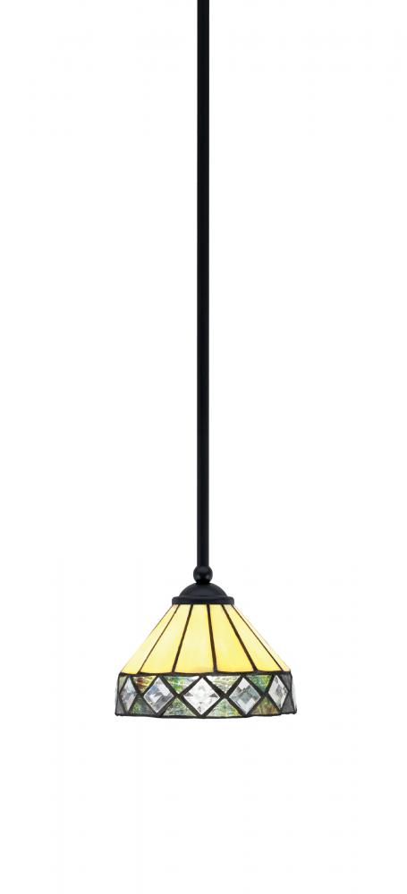 Zilo Stem Mini Pendant, Matte Black Finish, 7" Diamond Peak Art Glass