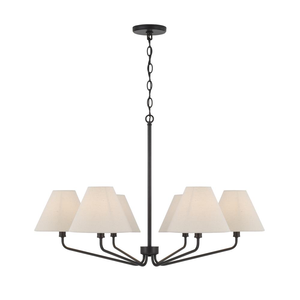 6-Light Angular Chandelier in Espresso with Tapered Soft Tan Fabric Shades
