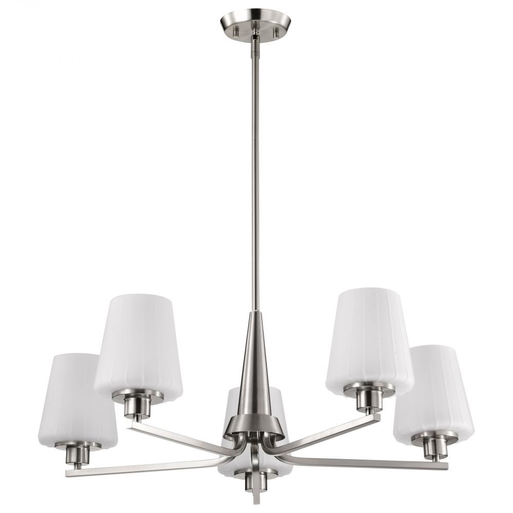 Lune; 5 Light Chandelier; Brushed Nickel Finish; Etched White Glass